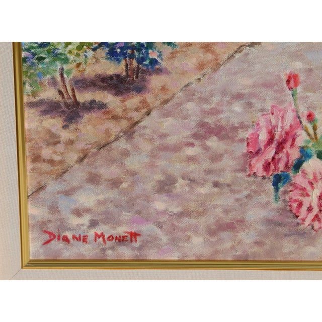 Diane Monet's rose garden landscape is rendered with a light touch and soft hues of color that complement one another. Oil...