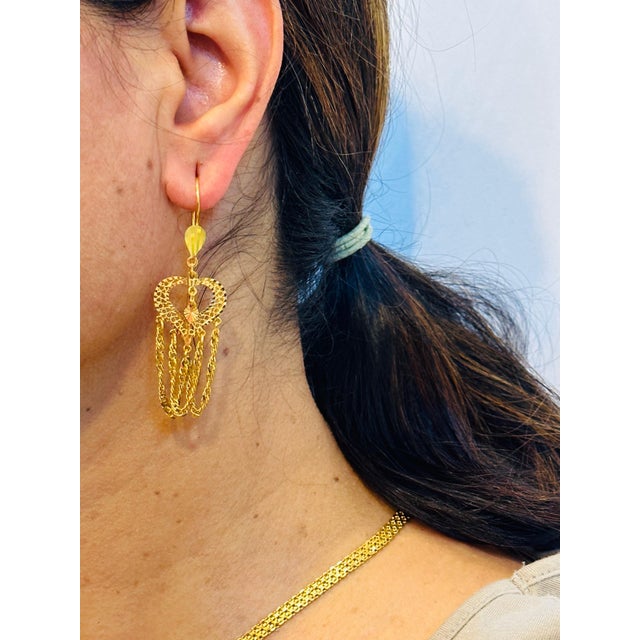 Vintage 21 Kt Yellow Gold 7.5 Gm Heart Dangling Earrings, 2.6 Inch Long For Sale In New York - Image 6 of 8