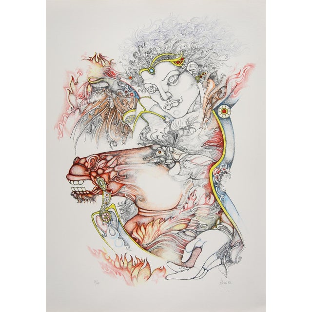 Colour print, "Woman On Horse" by Giuliano Pini Made in 1982 Hand-signed by the artist and dated This piece is attributed...