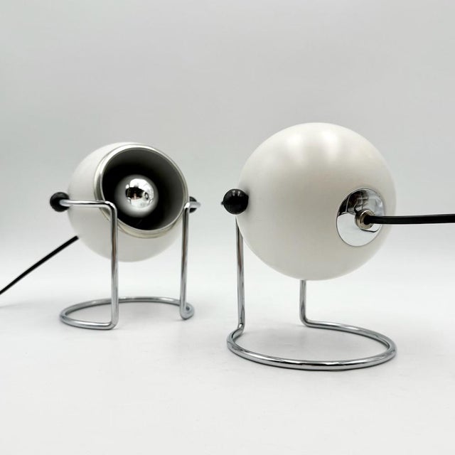 Italian Targetti Sankey Eyeball Lamps in White and Chrome, 1970s, Set of 2 For Sale - Image 12 of 16
