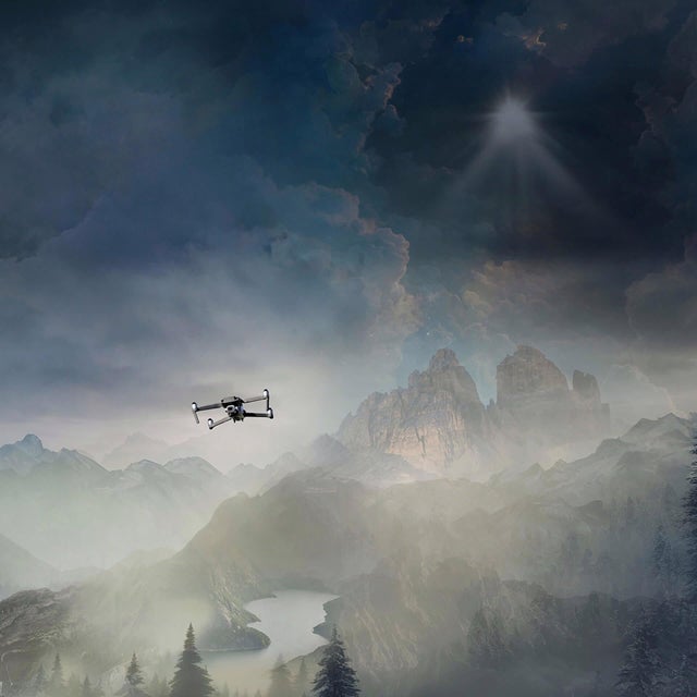 This photograph presents a surreal landscape where a giant bear, adorned with a house on its back, traverses a misty...