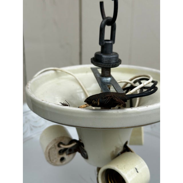 Vintage Three Light Porcelain Semi-Flush Mount Ceiling Fixture For Sale - Image 4 of 8