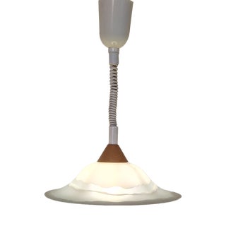Vintage Height-Adjustable Pendant Lamp with Matte Patterned Glass Shade on Beechwood Mount from H & H, 1980s For Sale