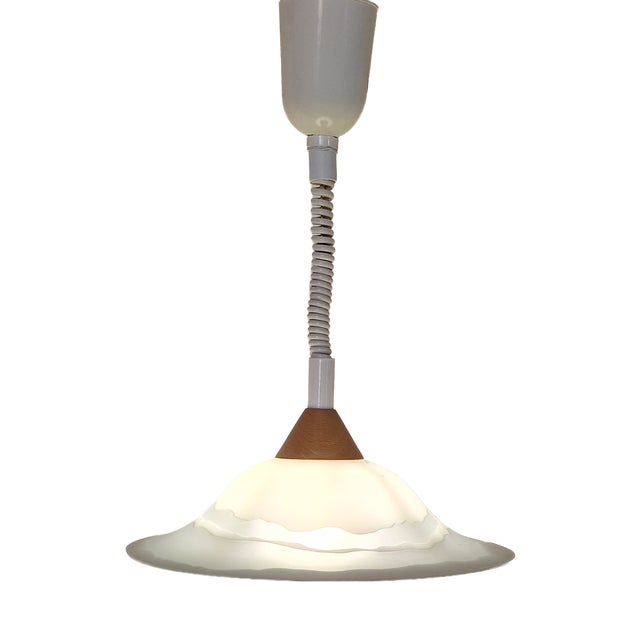 Vintage Height-Adjustable Pendant Lamp with Matte Patterned Glass Shade on Beechwood Mount from H & H, 1980s For Sale