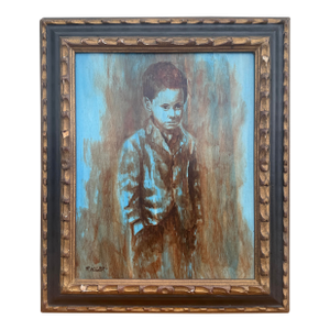 Vintage Figurative Boy Portrait Oil on Masonite Board – Framed