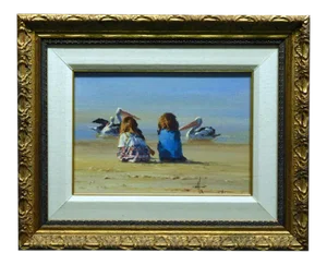 "Quiet Time" Contemporary Beach Scene Oil Painting by Robert Hagan, Framed