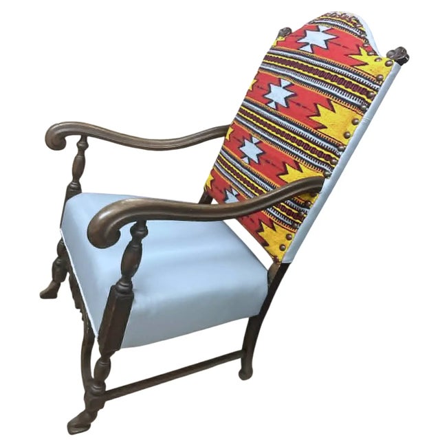 Late 19th Century Antique Carved Walnut Hacienda Chair Reupholstered With Artisanal Oaxaca Zapotec Tapestry and Leather For Sale - Image 5 of 7