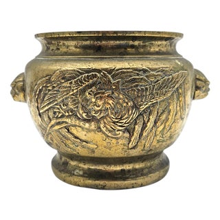 Antique Chinese Brass Censer With Phoenix Motif — Restored Cachepot Planter For Sale