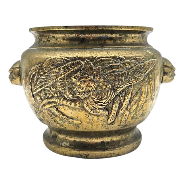 Antique Chinese Brass Censer With Phoenix Motif — Restored Cachepot Planter For Sale