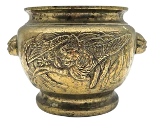 Antique Chinese Brass Censer With Phoenix Motif — Restored Cachepot Planter