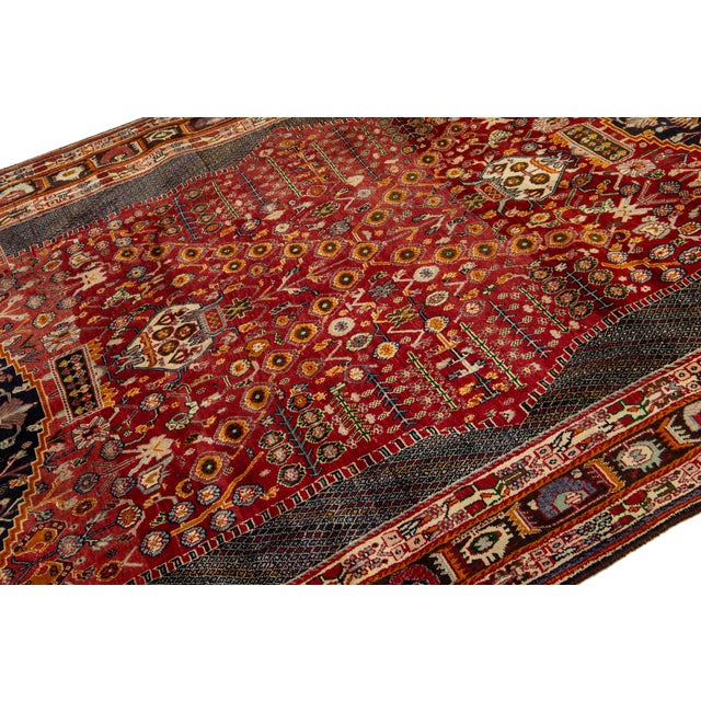 Allover Designed Persian Shiraz Wool Rug in Red For Sale In New York - Image 6 of 9