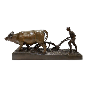 Antique Bronze Sculpture of a Farmer Plowing With Two Oxen by Marcel Debut