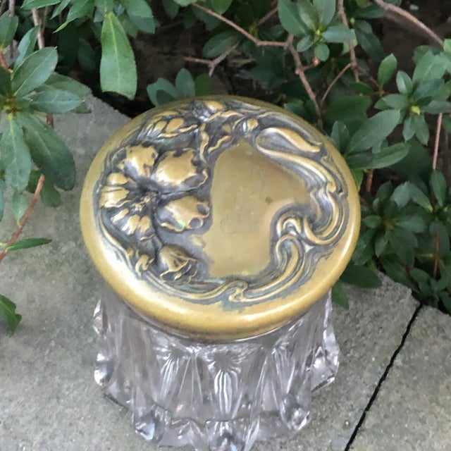 Antique Art Nouveau Heavy Glass Ornate Floral Brass Lid Humidor Jar For Sale - Image 9 of 12