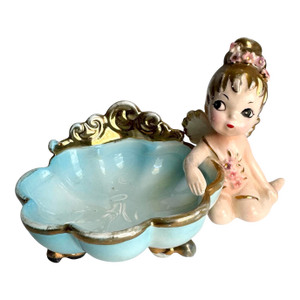 Josef Originals Sprite Trinket Dish Pixie Fairy Angel Baby Figurine Blue Pink Gold Rare Vintage 50s 60s Retro
