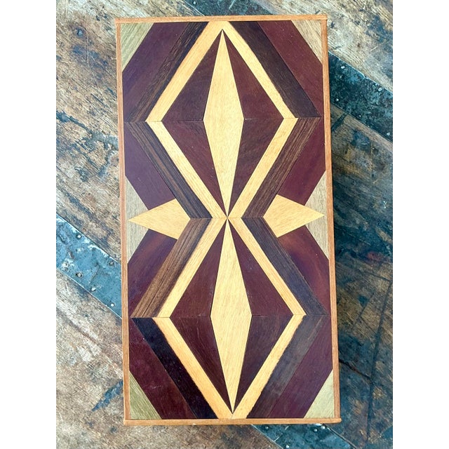 Brown Vintage Marquetry Wood Diamond Box For Sale - Image 8 of 12