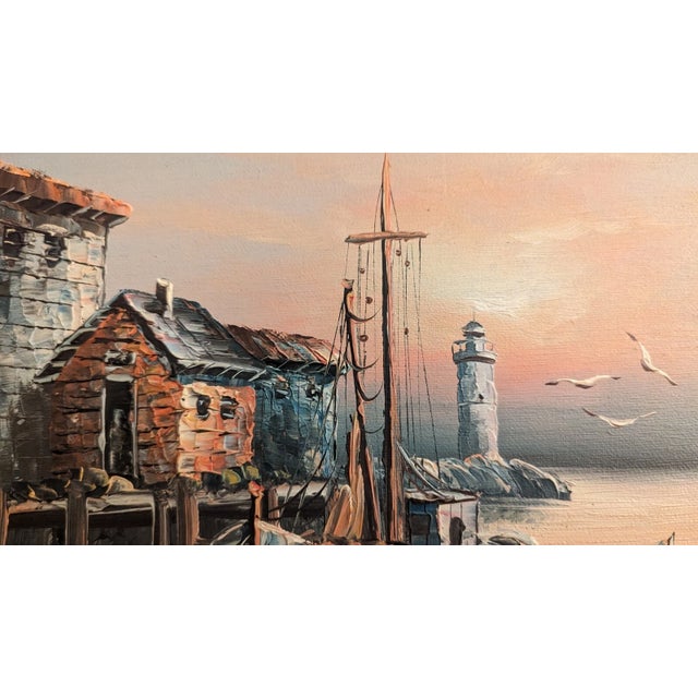 Wood Vintage Original Oil Painting Harbor Scene With Lighthouse. Signed by Max Savy For Sale - Image 7 of 14