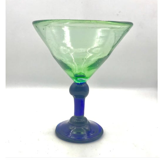 Vintage Mexican Handblown Green & Cobalt Blue Margarita Glasses — Set of 4 For Sale - Image 4 of 5