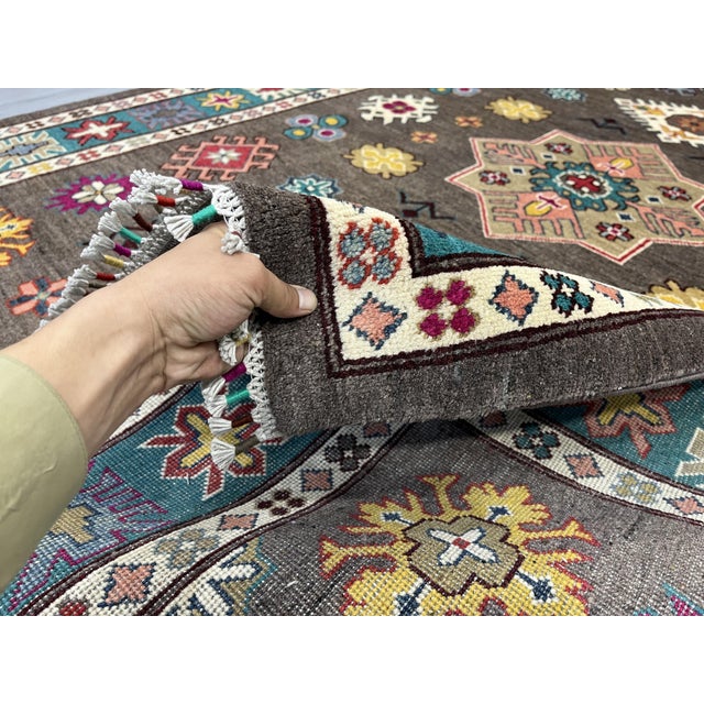 Brown and Teal Kazak Rug With Star Medallion, 5'8" X 7'9" For Sale - Image 11 of 15