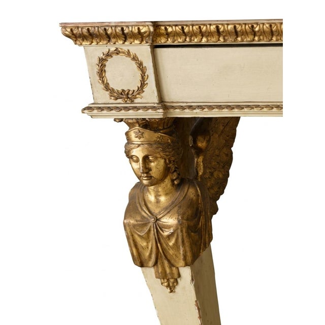 Italian Neo-Classical Patinated Wood, Giltwood, and Sienna and Breccia Pernice Marble Console Table With Caryatids Legs...