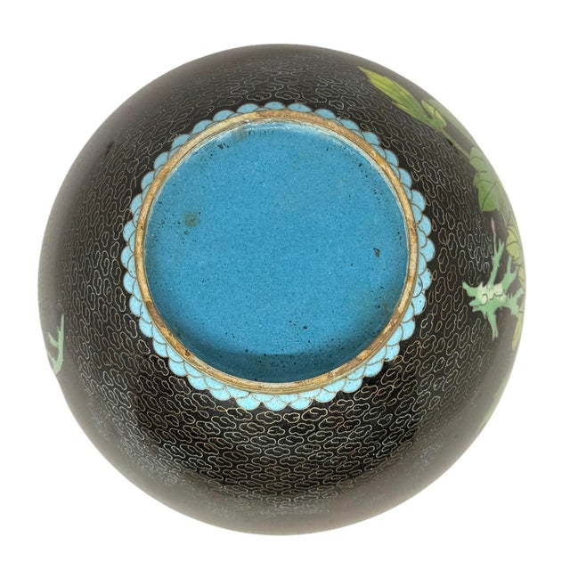 Mid 20th Century Chinese Black Cloissone 8” Lidded Ginger Jar With Colorful Peony Motif For Sale - Image 9 of 12