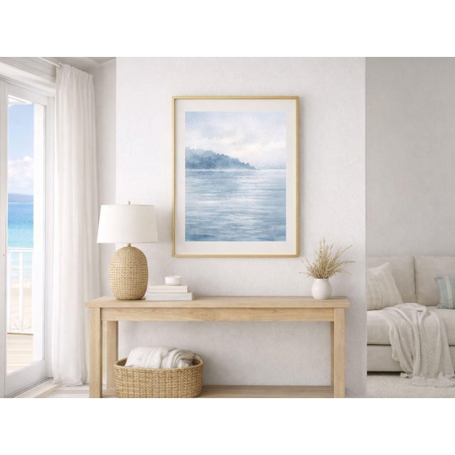 Transitional Misty Coastal Horizon, Minimalist Blue Seascape Art Print, 24″ × 36″ For Sale - Image 3 of 9