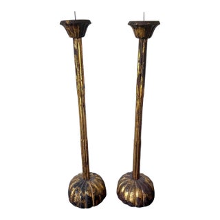 Pair of Large Japanese Carved Wood Temple Candleholders Edo Period For Sale