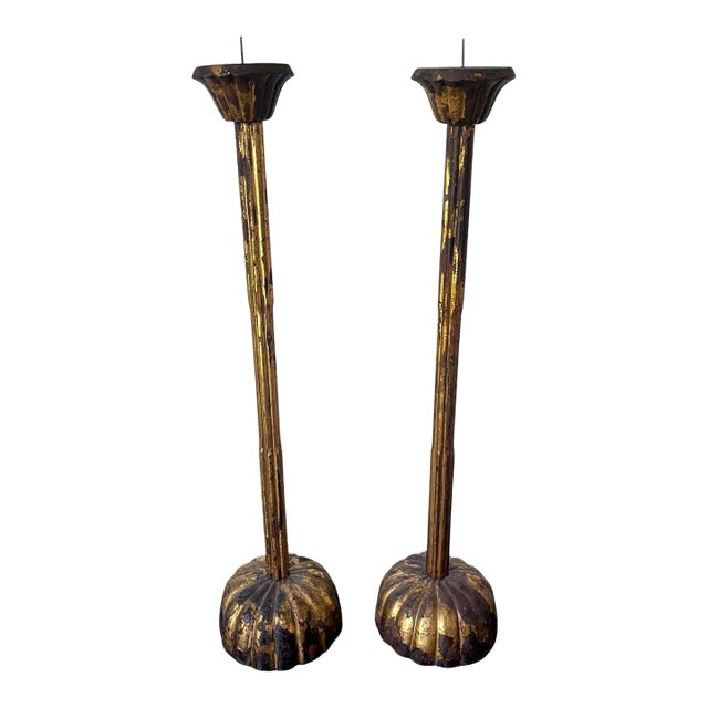 Pair of Large Japanese Carved Wood Temple Candleholders Edo Period For Sale