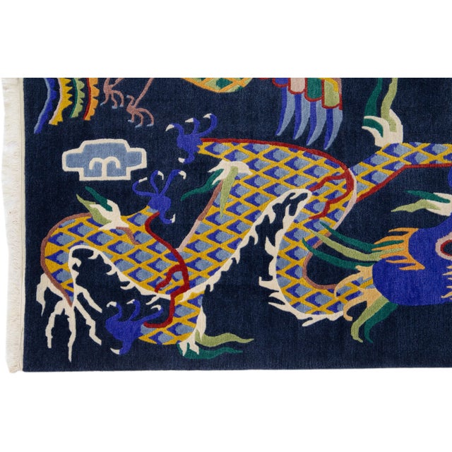 Chinese Vintage Peking Blue Handmade Wool Rug With Mullticolor Dragon Motif For Sale - Image 4 of 7