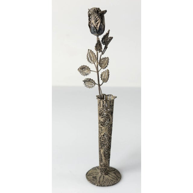 Early 20th Century Sterling Silver 925 Filigree Flower Vase With Rose For Sale - Image 10 of 10