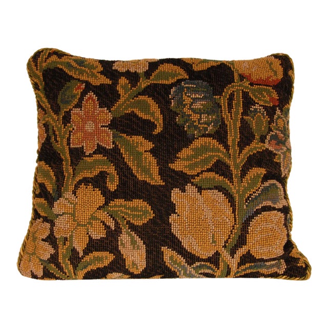 19th Century French Needlepoint Pillow Throw Cushion Floral Dark Blue Hand Crafted For Sale