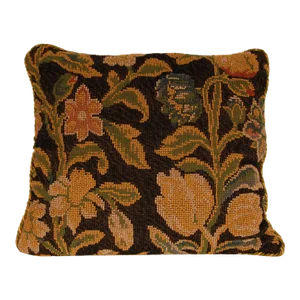 19th Century French Needlepoint Pillow Throw Cushion Floral Dark Blue Hand Crafted