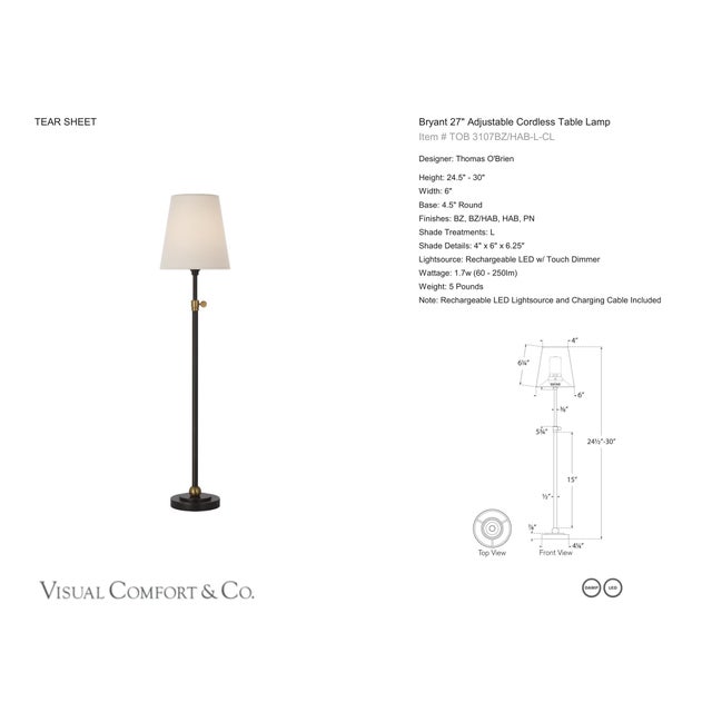 Thomas O'Brien by Visual Comfort Signature Bryant 27" Adjustable Cordless Table Lamp in Bronze and Hand-Rubbed Antique...