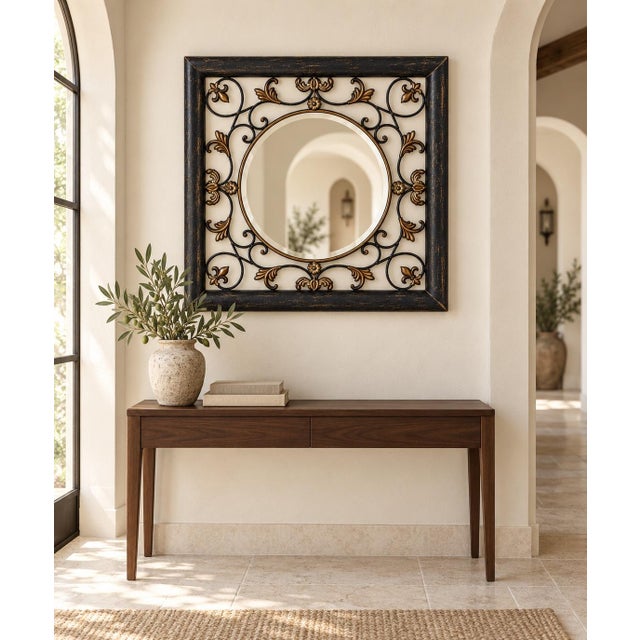 Vintage Onyx Black and Aged-Gold Botanical Metal Mirror With Beveled Glass For Sale In Los Angeles - Image 6 of 6