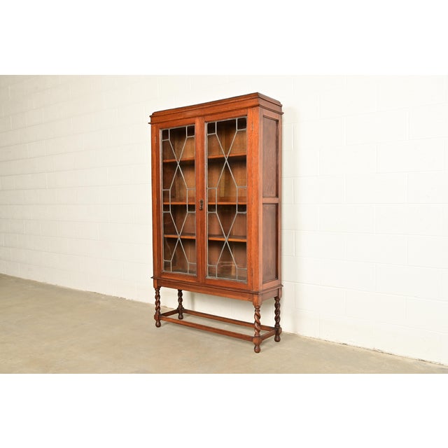 Victorian Stickley Brothers Style Antique Arts & Crafts Carved Oak Bookcase Cabinet With Leaded Glass Doors, Circa 1900 For Sale - Image 3 of 14