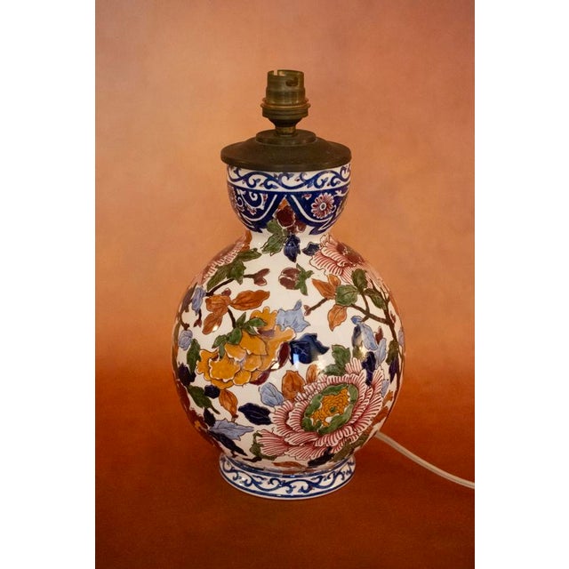 Ceramic Polychrome Earthenware Lamp Base with Peony Decoration from Gien, France, 1971-1984 For Sale - Image 7 of 11