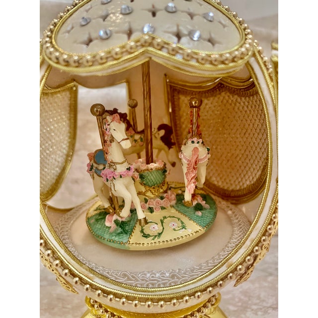 2005 Vintage Fabergé Egg Style XXXXL Pierre Lorren Natural Egg Hand Carved Faberge Style Music Austrian Crystal Pure Gold Deco Handmade 5.1" X 5.9" For Sale - Image 11 of 15