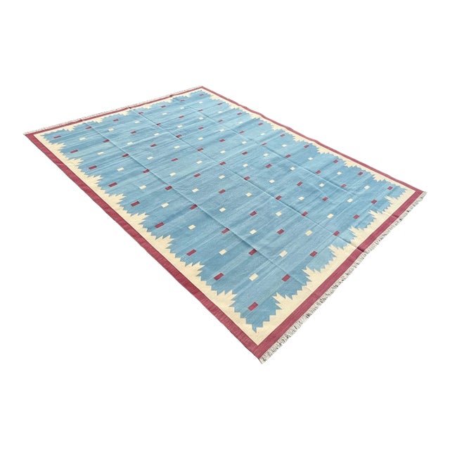 Handmade Cotton Star Pattern Rug, Sky Blue, Raspberry Pink and Cream 10'x14' For Sale