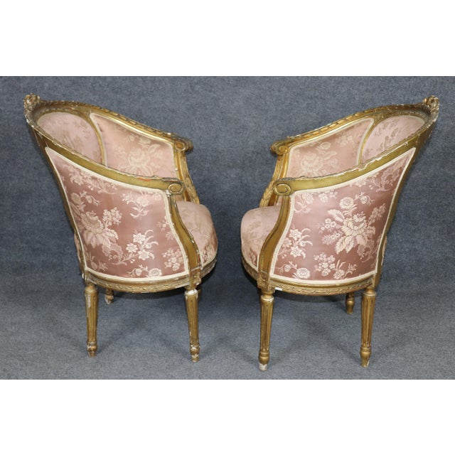 French Fantastic Pair of Giltwood Corbeille Form French Louis XVI Salon Bergere Chairs For Sale - Image 3 of 12