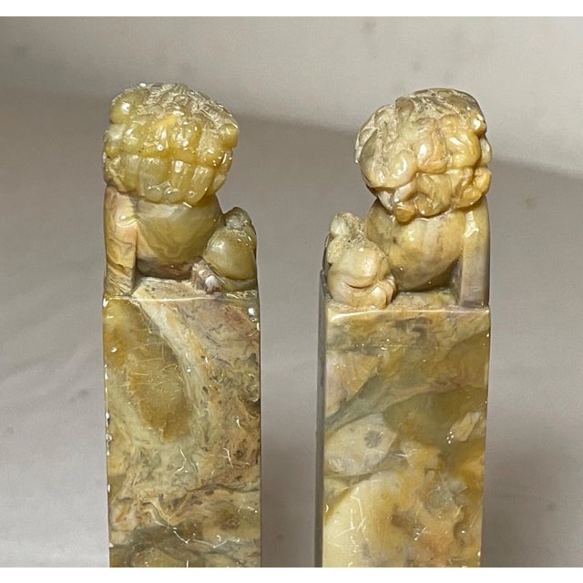 Pair Antique Hand Carved Chinese Hard Stone Chop Seal Block Foo Lion Sculpture For Sale - Image 12 of 13