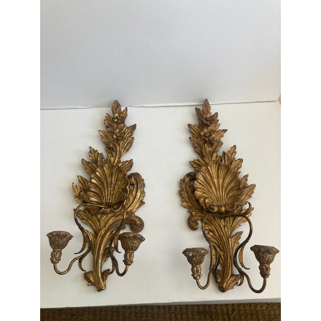Italian Baroque Carved Gilt Wood Wall Sconces - A Pair For Sale - Image 10 of 11