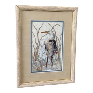 Vintage Coastal Egret Needlepoint Textile Art in Distressed Wood Frame For Sale