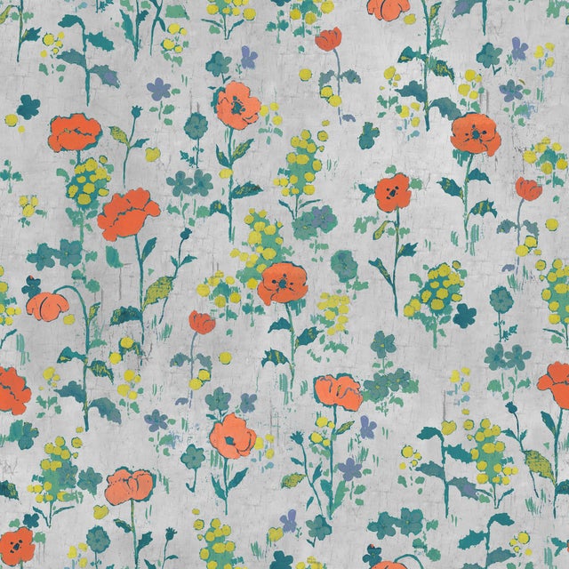 Art Deco Sample - Poppies Wallpaper by Paule Marrot in Light Gray For Sale - Image 3 of 3