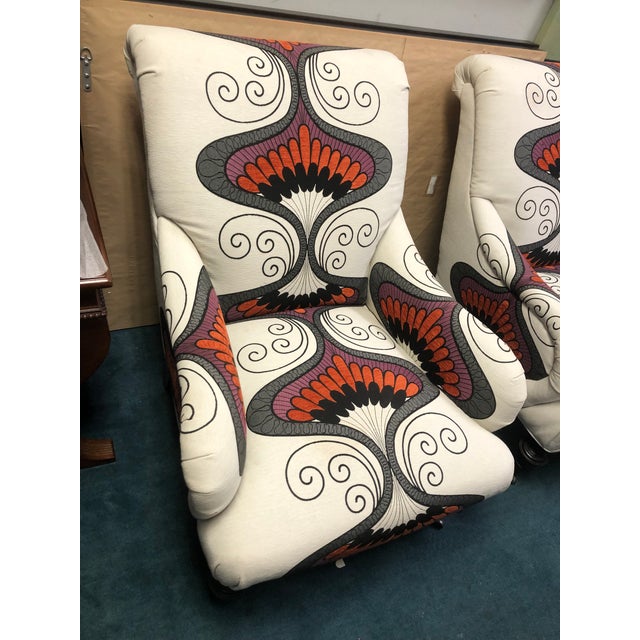Art Deco Pair of Furniture Land South Custom Made Chairs in Fabric by Quadrille Possibly Baker or Drexel For Sale - Image 3 of 8