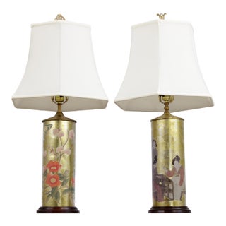 1980s Chinese Eglomise Glass Canister Lamps - a Pair For Sale