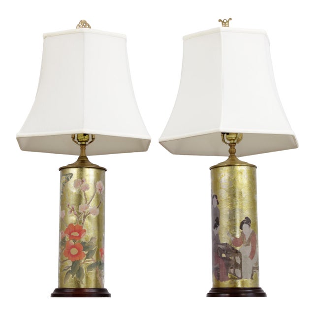 1980s Chinese Eglomise Glass Canister Lamps - a Pair For Sale