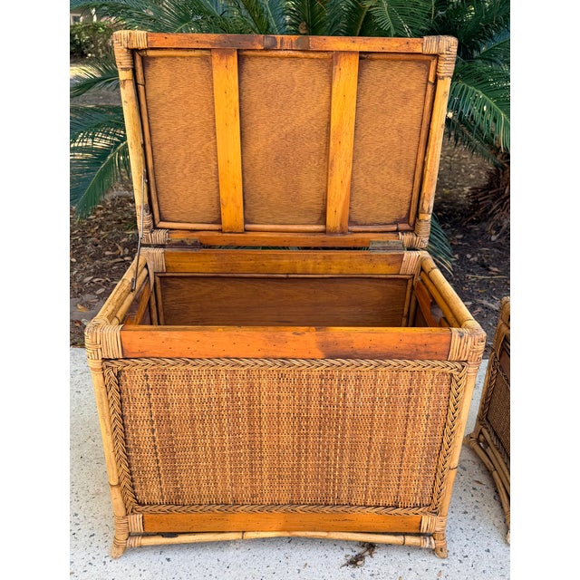 Shabby Chic Pair Shabby Chic Rattan Trunks, Large and Small For Sale - Image 3 of 16