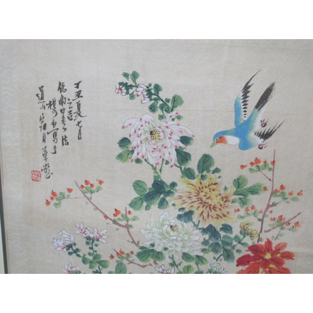Chinese Colorful Flower Blossoms & Flying Blue Bird Framed Painting on Cloth For Sale - Image 4 of 6