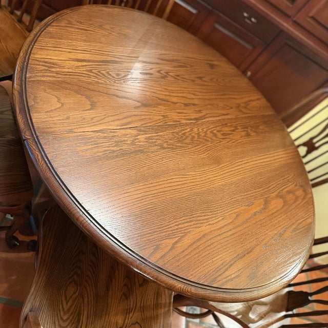 Vintage Nichols & Stone Oak Round Oval Dining Table Windsor Chairs 7p Set For Sale - Image 16 of 17
