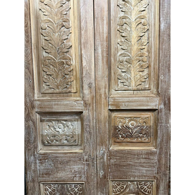 Wood Antique Floral Carved Pantry Doors | Rustic Farmhouse Double Doors | Hand-Carved Wood Hinged or Sliding Entry For Sale - Image 7 of 7