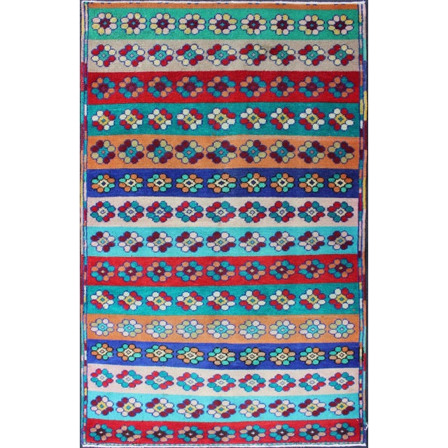 Mid-Century Modern Turkish Rug With Multicolored Stripes and Flower Designs For Sale - Image 12 of 12